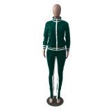 Dark Green Cold Shoulder Zipper Slit Contrast Stripes Sweatsuits
