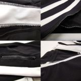Black Cold Shoulder Zipper Slit Contrast Stripes Sweatsuits