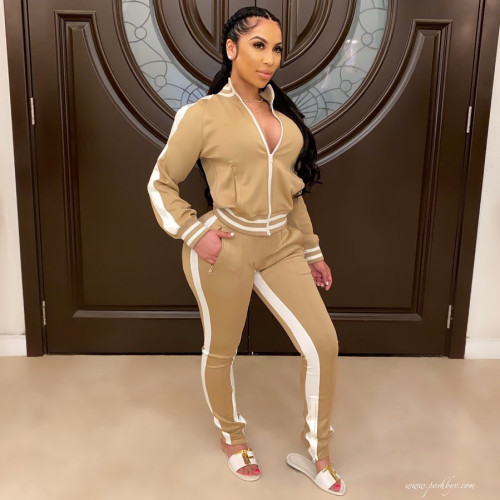 Khaki Cold Shoulder Zipper Slit Contrast Stripes Sweatsuits