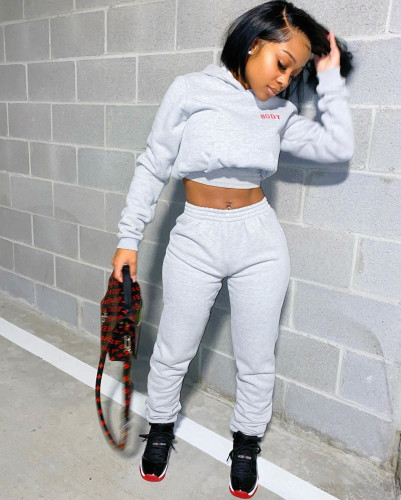 Plus Size Gray Letter Print Hooded Sweatsuits