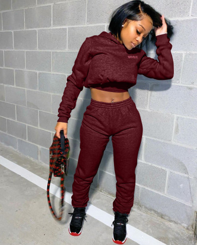 Burgundy Letter Print Hooded Sweatsuits