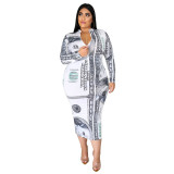 Plus Size US Dollars Print Mock Neck Bodycon Dress