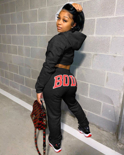 Plus Size Black Letter Print Hooded Sweatsuits