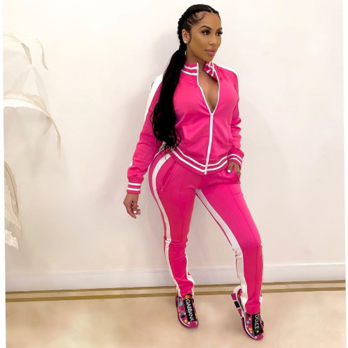 Hot Pink Cold Shoulder Zipper Slit Contrast Stripes Sweatsuits