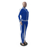 Blue Cold Shoulder Zipper Slit Contrast Stripes Sweatsuits