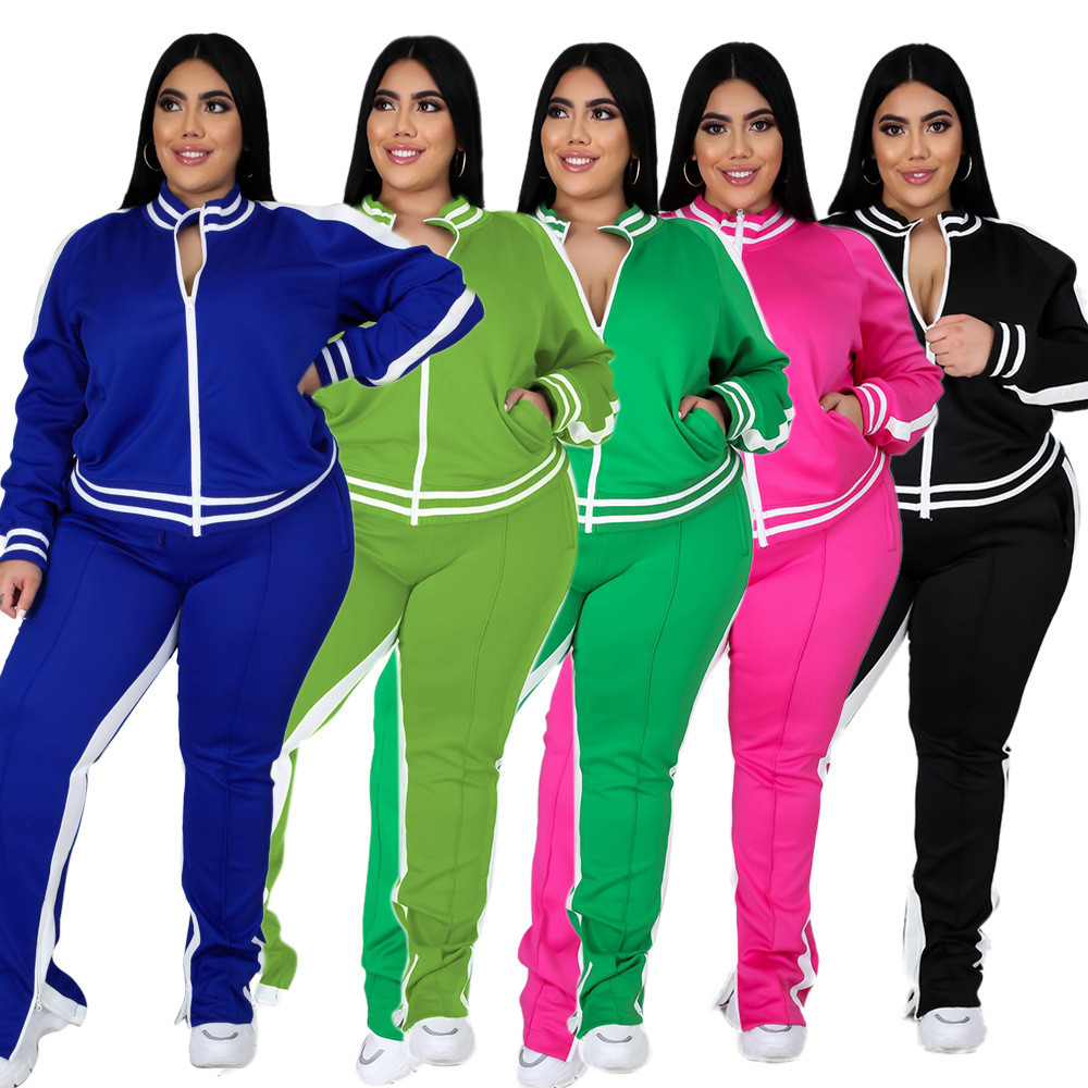 Plus Size Green Cold Shoulder Zipper Slit Sweatsuits US$ 11.19 - www.lover-pretty.com