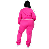 Plus Size Hot Pink Cold Shoulder Zipper Slit Sweatsuits