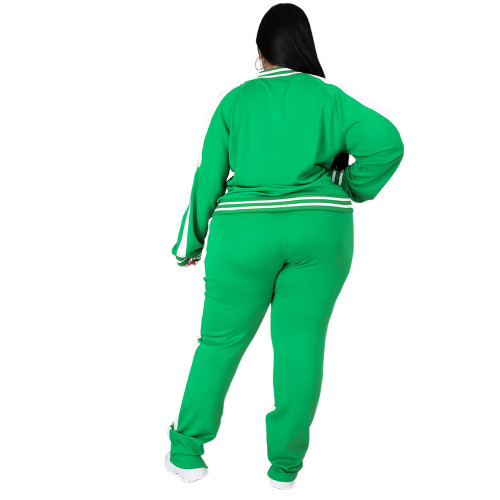 Plus Size Green Cold Shoulder Zipper Slit Sweatsuits