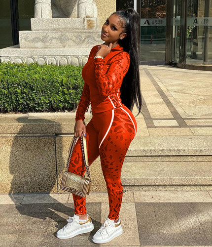 Print Orange Tight Sporty Two Piece Pants Set