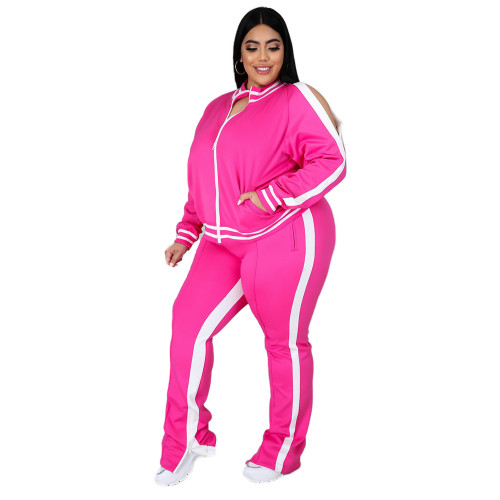 Plus Size Hot Pink Cold Shoulder Zipper Slit Sweatsuits