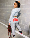 Plus Size Gray Letter Print Hooded Sweatsuits