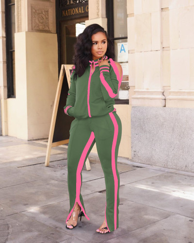 Green Cold Shoulder Zipper Slit Contrast Stripes Sweatsuits