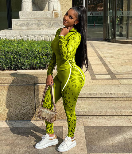 Print Neon Green Tight Sporty Two Piece Pants Set