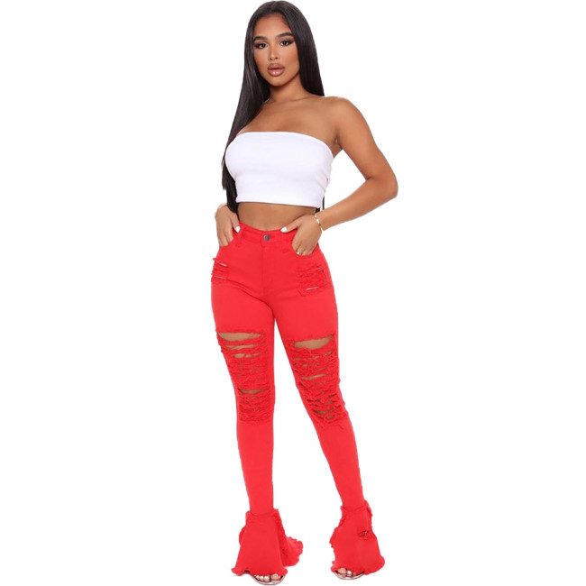 Red Ripped Bell Bottom Fashion Jeans