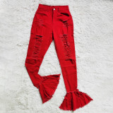 Red Ripped Bell Bottom Fashion Jeans