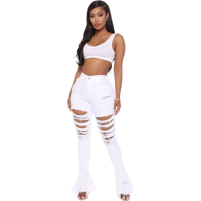 White Ripped Bell Bottom Fashion Jeans