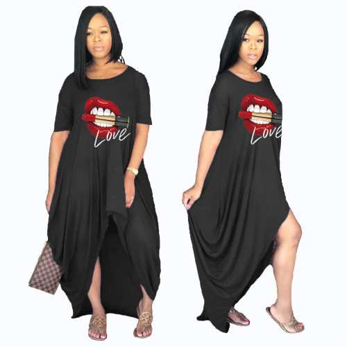Plus Size Black Lip Print Irregular Maxi Dress