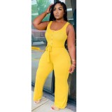 Yellow Belted Button Tank Jumpsuit