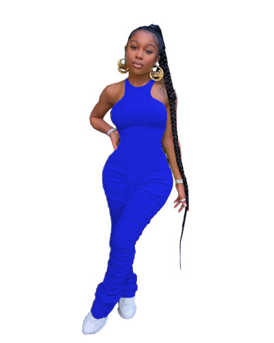 Blue Sleeveless Ruched Jumpsuit