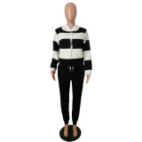 Black White Colorblock Drawstring Hoodie and Pants Tracksuits