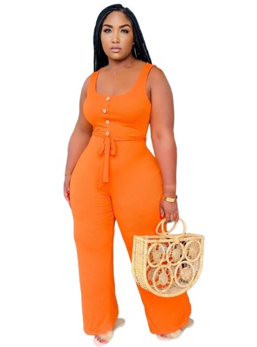 Orange Belted Button Tank Jumpsuit