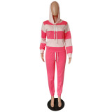 Pink Colorblock Drawstring Hoodie and Sweatpants Set