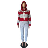 Grey Burgundy Colorblock Drawstring Hoodie and Sweatpants Set