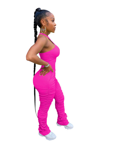 Hot Pink Sleeveless Ruched Jumpsuit