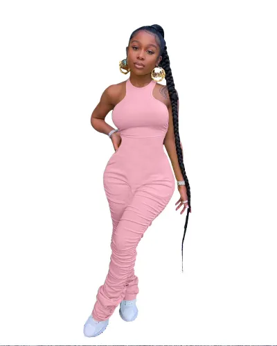 Pink Sleeveless Ruched Jumpsuit