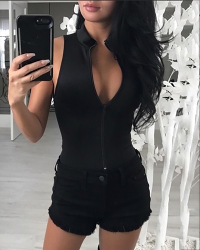 Black Sleeveless Zipper Bodysuit