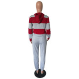 Grey Burgundy Colorblock Drawstring Hoodie and Sweatpants Set