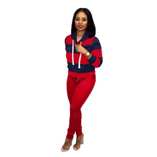 Red Colorblock Drawstring Hoodie and Pants Tracksuits