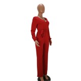 Red Surplice Long Sleeve Wrapped Jumpsuit