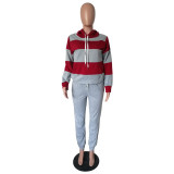 Grey Burgundy Colorblock Drawstring Hoodie and Sweatpants Set