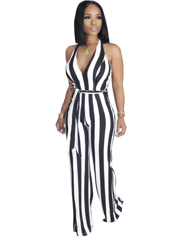 Black Striped Halter Sleeveless Belt Jumpsuit