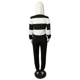 Black White Colorblock Drawstring Hoodie and Pants Tracksuits