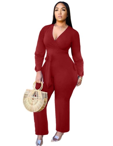 Red Surplice Long Sleeve Wrapped Jumpsuit