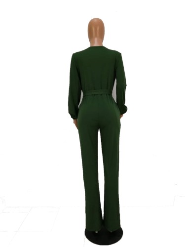 Green Surplice Long Sleeve Wrapped Jumpsuit