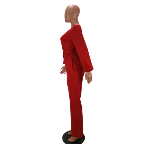 Red Surplice Long Sleeve Wrapped Jumpsuit