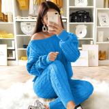 Plus Size Bright Blue Sweater Knitted Two Piece Pants Set