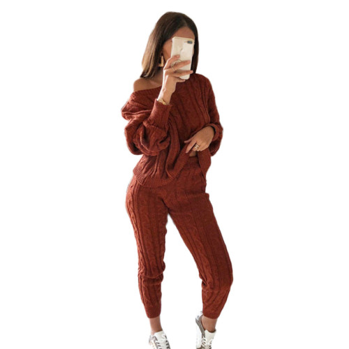 Plus Size Burgundy Sweater Knitted Two Piece Pants Set
