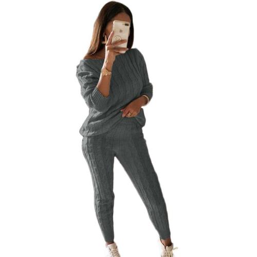 Plus Size Gray Sweater Knitted Two Piece Pants Set