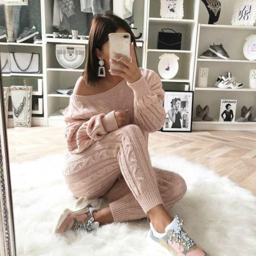 Plus Size Light Pink Sweater Knitted Two Piece Pants Set