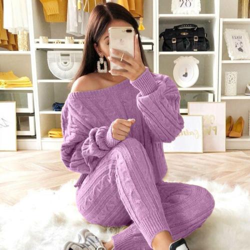 Plus Size Lilac Sweater Knitted Two Piece Pants Set