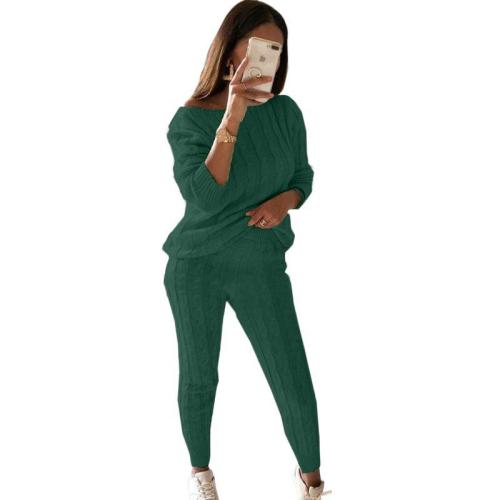 Plus Size Green Sweater Knitted Two Piece Pants Set