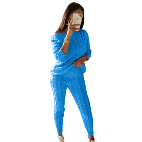 Plus Size Bright Blue Sweater Knitted Two Piece Pants Set