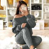 Plus Size Gray Sweater Knitted Two Piece Pants Set