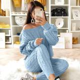 Plus Size Light Blue Sweater Knitted Two Piece Pants Set