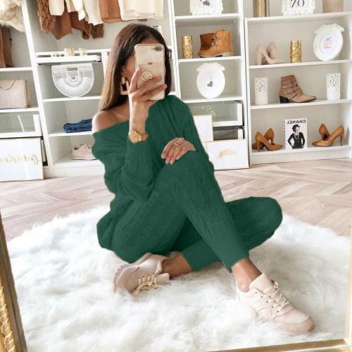 Plus Size Green Sweater Knitted Two Piece Pants Set
