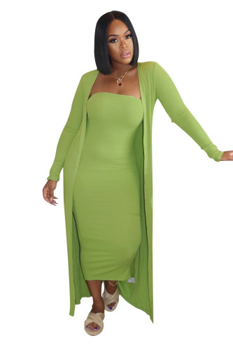 Light Green Strapless Dress & Long Cardigan Two Piece Set